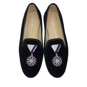 Stubbs & Wootton Palm Beach Women’s Black Flats w Purple and White Embroidery 7